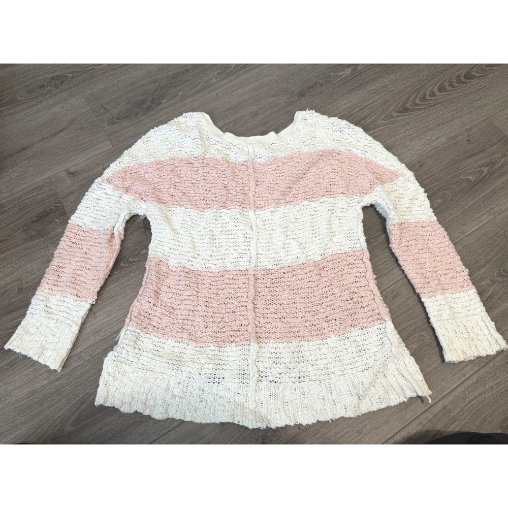 Free People Sweater XS Pink Cream Striped Chunky Knit V Neck‎ Boho Cozy